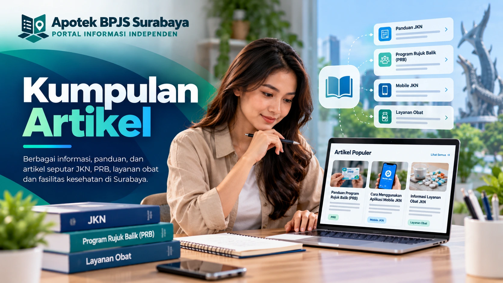 Banner kumpulan artikel JKN, PRB, Mobile JKN, dan layanan obat Surabaya